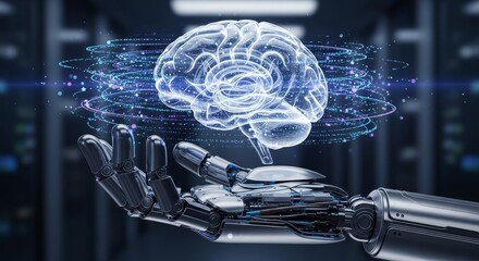 Future technology concept with a blue screen robot hand holding a transparent brain model with data particles for global digital network communication