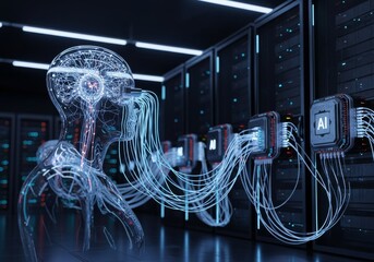 Robot connecting cables to AI supercomputer, advanced technology concept, no logos, no text.