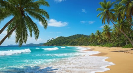 Fototapeta premium Serene Beach Landscape with Palm Trees under Bright Blue Sky