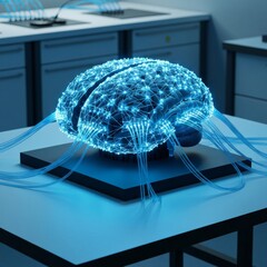 Artificial brain connected by fiber optic cables on lab table