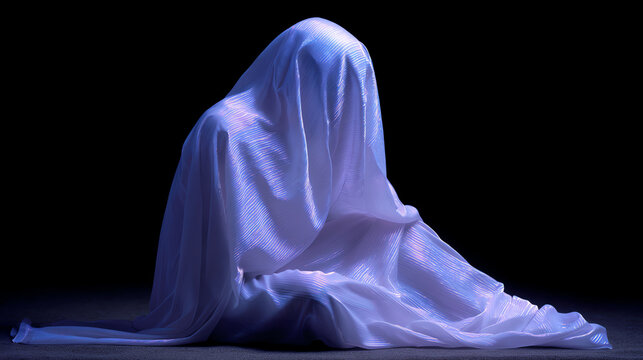 A figure draped in a luminous, flowing fabric sits against a dark background, creating a mysterious, ghostly silhouette with soft blue and purple lighting