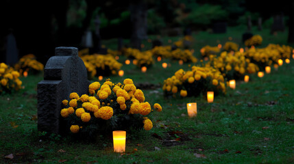 Fototapeta premium Graveyard scene at dusk with marigold flowers and glowing candles placed on graves, creating a serene and respectful atmosphere for remembrance and honoring loved ones
