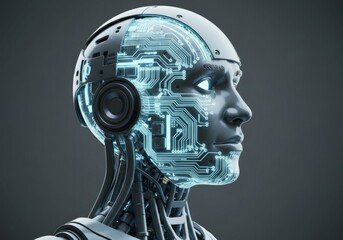 3D rendered illustration of a human skull profile with brain anatomy and vector symbol on black background