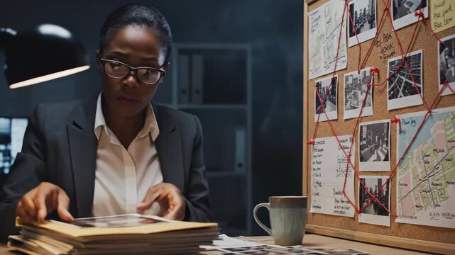 Investigator Analyzing Clues on Corkboard - An African American woman in glasses, dressed in a suit, examines a corkboard filled with video and maps, connected by red string.