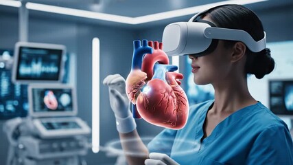 Medical Professional Using VR to Visualize a 3D Heart - A medical professional wearing a VR headset interacts with a 3D model of a human heart in a futuristic surgical setting. - Powered by Adobe