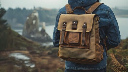 Person with Backpack Standing by Coastal Landscape in Foggy Weather