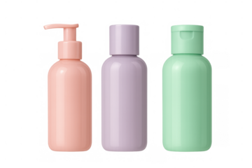 Three pastel colored blank cosmetic bottles with pump and flip top caps on transparent background