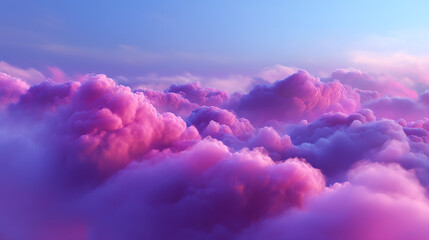 Naklejka premium Fluffy pink and purple clouds fill the sky at sunrise or sunset, creating a dreamy and ethereal atmosphere above the horizon