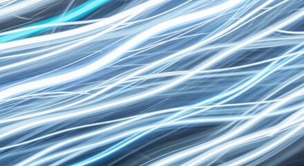 Abstract swirling blue and white light trails streaking across a dark background