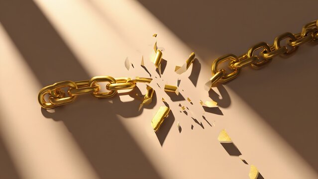 A shimmering golden chain dramatically shatters into fragments on a warm surface, embodying liberation and overcoming obstacles