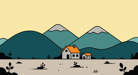 Cartoon landscape illustration of house mountains and nature view