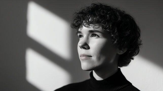 Black and white portrait of a young person with curly hair gazing thoughtfully toward light coming through a window, creating soft shadows on their face and background