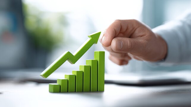 Understanding business growth strategies and financial success with green graph arrow