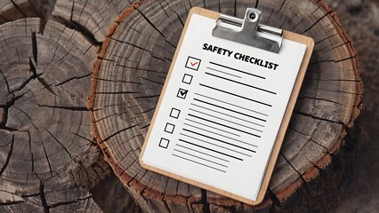 Naklejka premium A safety checklist on a clipboard with checked boxes rests on weathered tree stumps, indicating completed tasks and outdoor work.