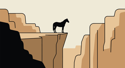 Horse silhouette standing on cliff edge landscape illustration