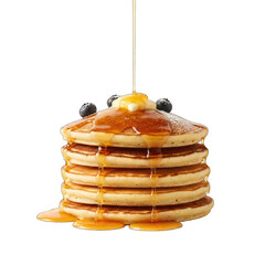 Stack Of Golden Brown Pancakes Drizzled With Maple Syrup Topped With Butter And Blueberries Isolated On A Black Background