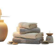 Stack of plush fluffy towels in neutral tones arranged on a dark background with a small diffuser and smooth stones nearby