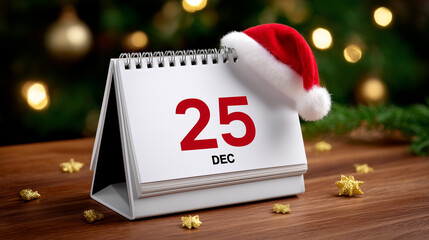 December 25 Calendar With Santa Hat and Gold Stars