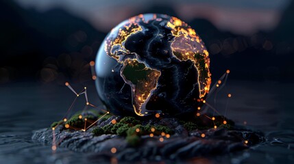 A globe of the Earth is overlaid with a translucent, glowing honeycomb pattern, symbolizing the global importance of bees and pollination for the world's food supply