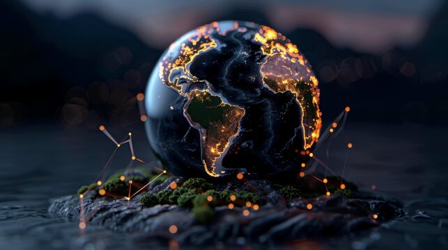 A globe of the Earth is overlaid with a translucent, glowing honeycomb pattern, symbolizing the global importance of bees and pollination for the world's food supply - Powered by Adobe