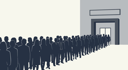 Naklejka premium Long Queue of Silhouetted People Waiting Outside a Building Entrance. Flat Vector Illustrations. EPS Editable