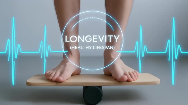Longevity healthy lifespan balance board feet wellbeing heart wellness heart rate concept optimistic stability exercise prevention graphic longevity