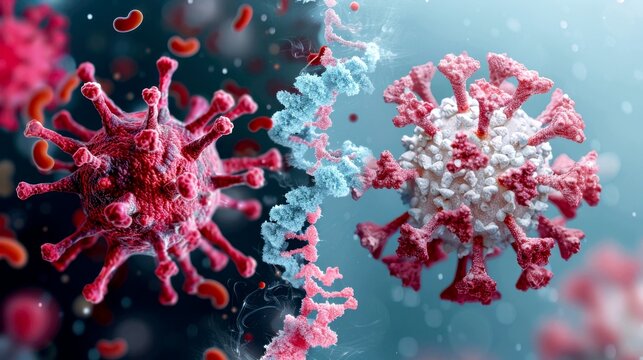 A split-composition image. The left side is an abstract, colorful representation of a biological cell structure. The right side is a clean, geometric, technical blueprint of a machine with gears.