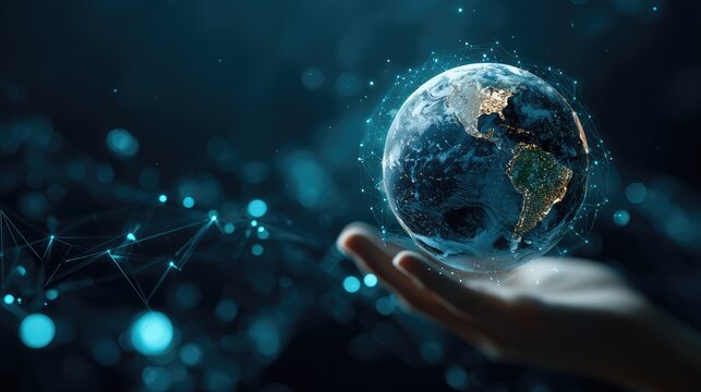 Global Network: A digital globe, interconnected by a network of glowing lines, symbolizes global communication, technology, and the seamless exchange of information. 