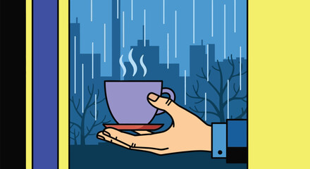 Rainy day coffee cup hand city view relaxation hot beverage illustration