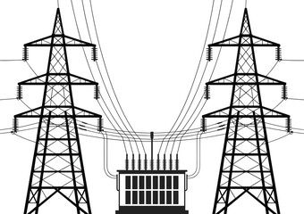 Electrical power transmission towers, high voltage pylons, energy distribution substation, electricity grid infrastructure, industrial utility lines, renewable energy concept