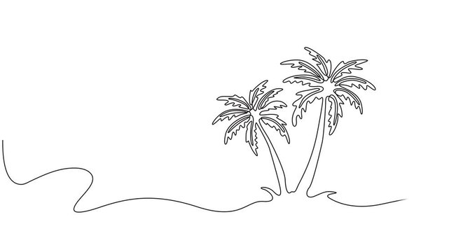 Animated self drawing of Coconut tree near the beach video illustration. Shady coconut trees to enjoy the beach atmosphere in simple linear style. Landscape and environment design concept for asset.