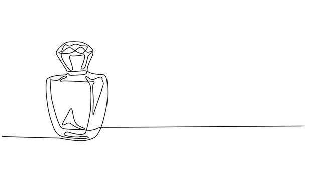 Self drawing animation of single continuous line drawing perfume bottle surrounded by roses. Basenote derived from rose extract. Long lasting fragrance. National Fragrance Day. Full length animated. 