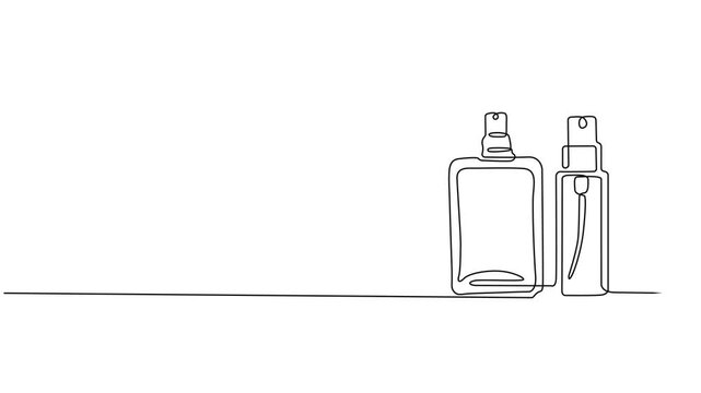 Self drawing animation of single continuous line drawing perfume bottle surrounded by roses. Basenote derived from rose extract. Long lasting fragrance. National Fragrance Day. Full length animated. 