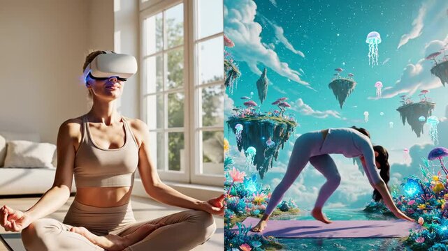 VR Yoga and Fantasy Fitness - A woman is depicted practicing yoga using a VR headset in a bright, sunlit room, next to a digitally altered scene of a fantastical yoga session.