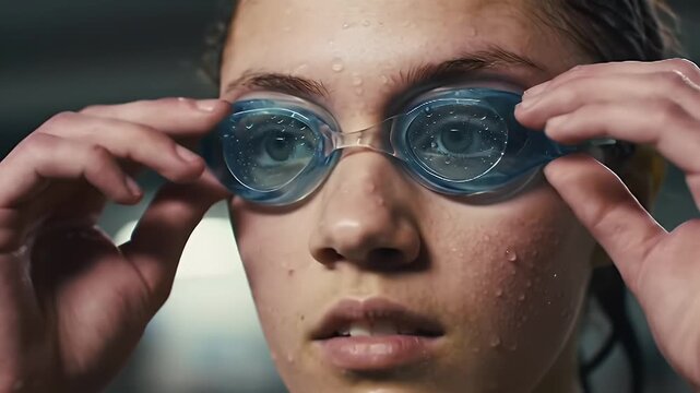 Young swimmer adjusting goggles preparing for competition underwater vision focus - Powered by Adobe