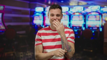 Young man in a striped shirt smiling while making a gesture in a casino setting with slot machines brightly lit in the background suggesting a lively atmosphere