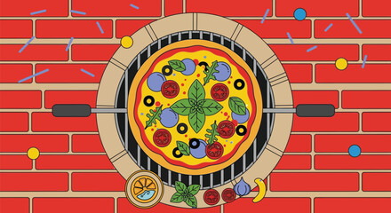 Delicious pizza with basil and mozzarella on a brick oven grill