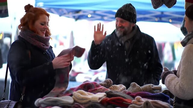 Happy Couple Shopping for Winter Hats at a Festive Outdoor Market in the Snow