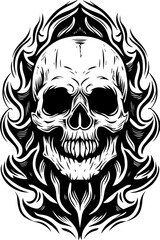 Fototapeta premium SVG skull horror dark toxic art design. Intricate Skull Design with Flames in Black and White Artwork