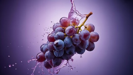 Fresh purple grapes splashing in purple liquid with water droplets fruit