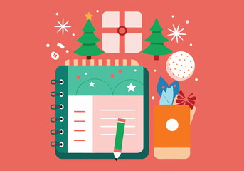 A festive christmas todo list with a gift, christmas trees, and a pencil on a red background for the holiday season
