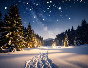 A magical winter wonderland on a serene Christmas Eve, with a snowy path illuminated by a sky full of wishing stars