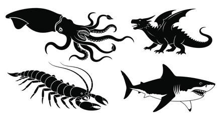 Obraz premium Black and white vector illustration of mythical sea creatures
