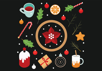 Festive christmas composition with poinsettia, mug, candy cane, gift, and ornaments on a dark background, perfect for holiday designs