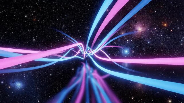 Abstract cosmic lines of vibrant blue and pink weaving through a starry universe background
