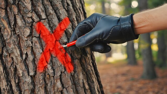 A gloved hand marks a tree trunk with a red X in a forest, indicating it for removal or logging - Powered by Adobe