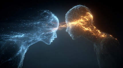 Energy exchange between human and AI glowing emotional connection abstract visualization of empathy technology interaction futuristic digital illustration symbolic of human machine synergy