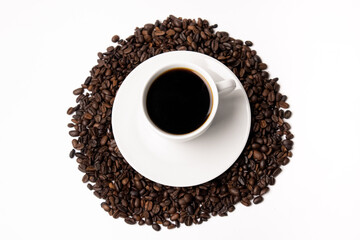 Cup with hot coffee and coffee beans below on a white background