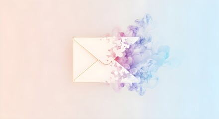 A delicate white envelope dissolves into vibrant, swirling smoke and colorful particles on a soft gradient background, symbolizing digital communication and ephemeral messages