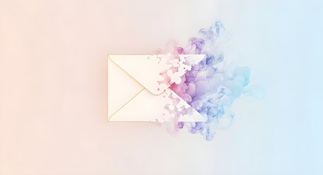 A delicate white envelope dissolves into vibrant, swirling smoke and colorful particles on a soft gradient background, symbolizing digital communication and ephemeral messages - Powered by Adobe